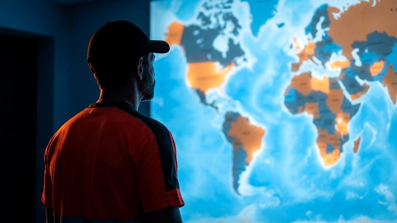 Newerton observando o mapa-múndi dos países que já conheceu