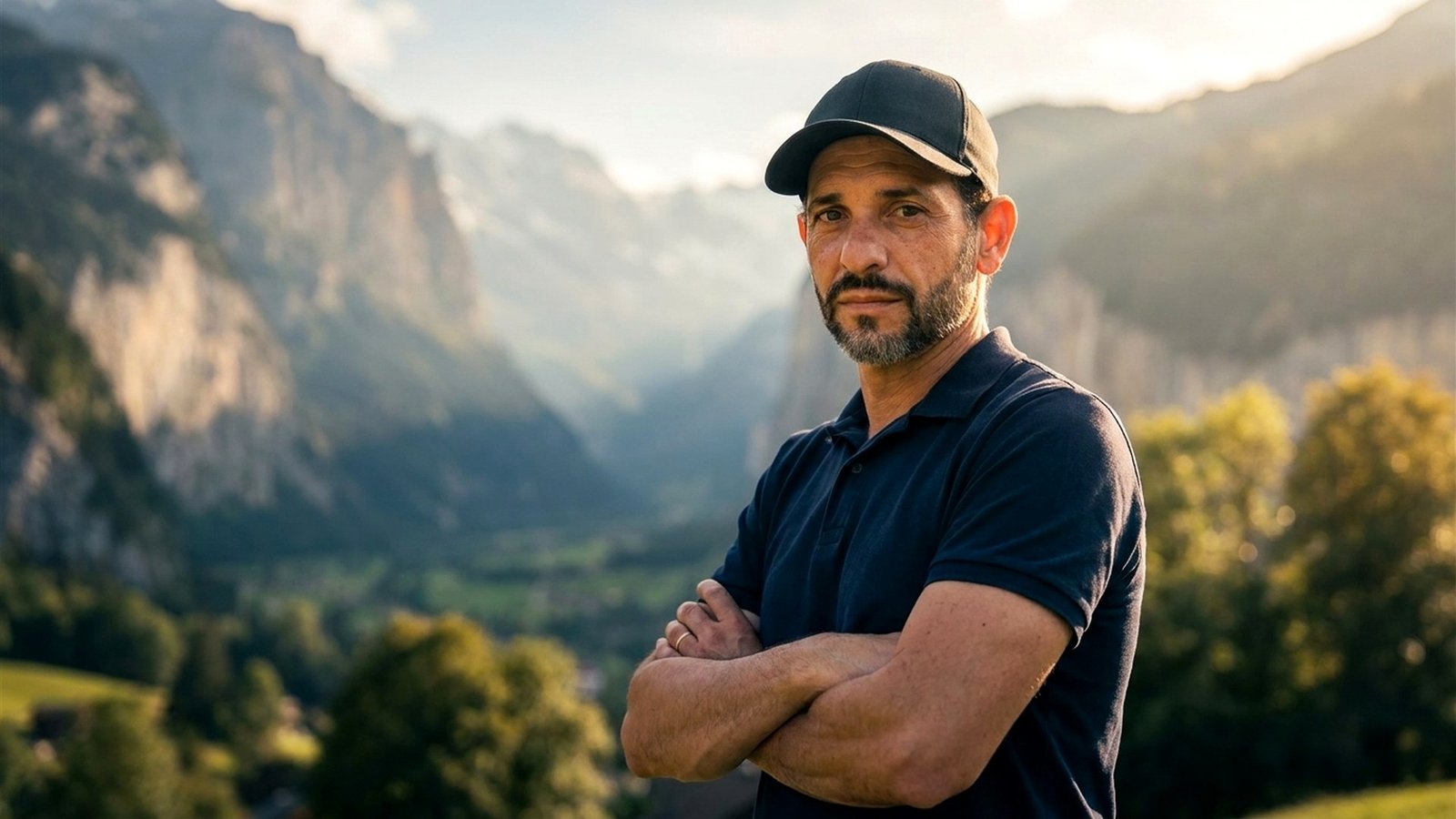 Newerton Mazzucco, caminhoneiro brasileiro na Suíça, com os Alpes ao fundo