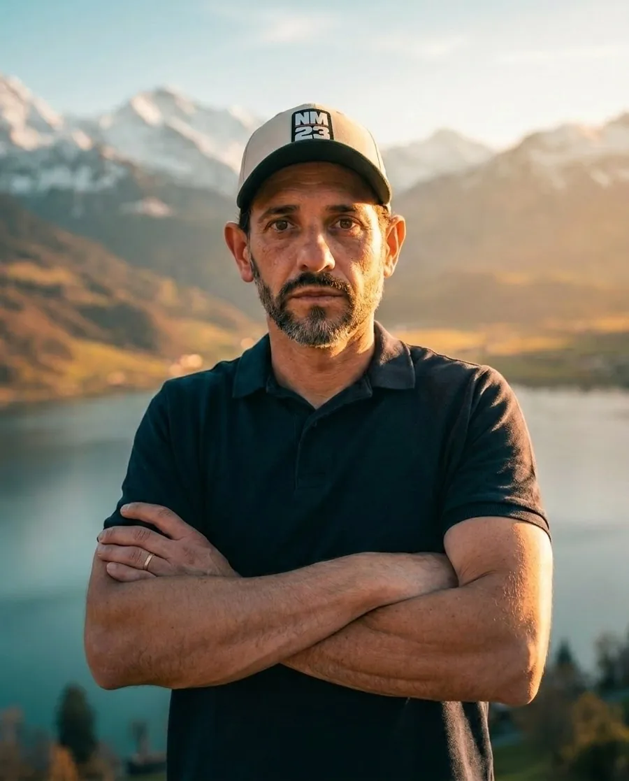 Newerton Mazzucco, caminhoneiro brasileiro na Suíça, com os Alpes ao fundo
